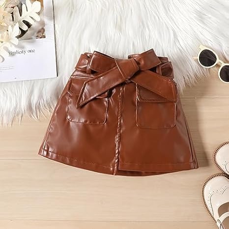 Girls Balloon Sleeve Top & Pu Leather Skirt Party Set