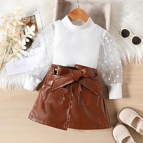 Girls Balloon Sleeve Top & Pu Leather Skirt Party Set