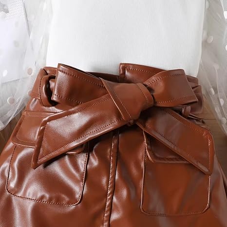 Girls Balloon Sleeve Top & Pu Leather Skirt Party Set