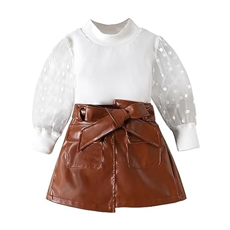Girls Balloon Sleeve Top & Pu Leather Skirt Party Set
