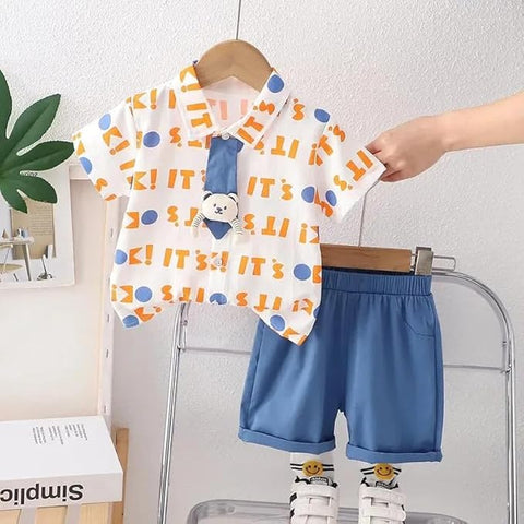 Boys Cotton Shirt with Khaki Shorts & Tie