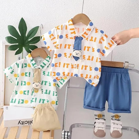 Boys Cotton Shirt with Khaki Shorts & Tie