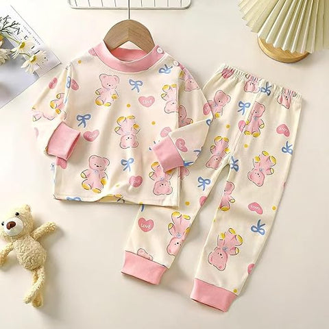 Kids Bear Print Pink T-shirt & Pyjama Set
