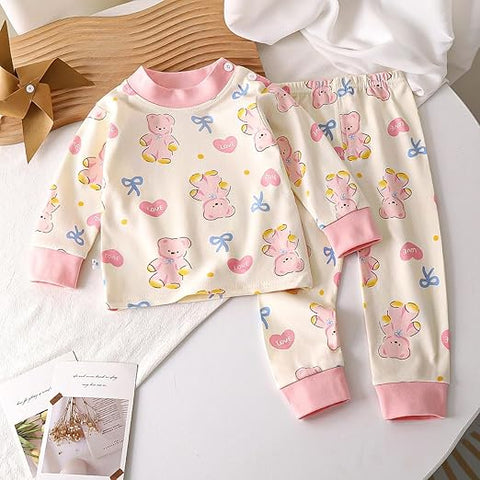 Kids Bear Print Pink T-shirt & Pyjama Set
