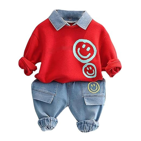 Boys Happy Face Print Full Sleeve Collar T-Shirt and Jeans Set