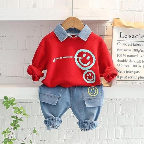 Boys Happy Face Print Full Sleeve Collar T-Shirt and Jeans Set
