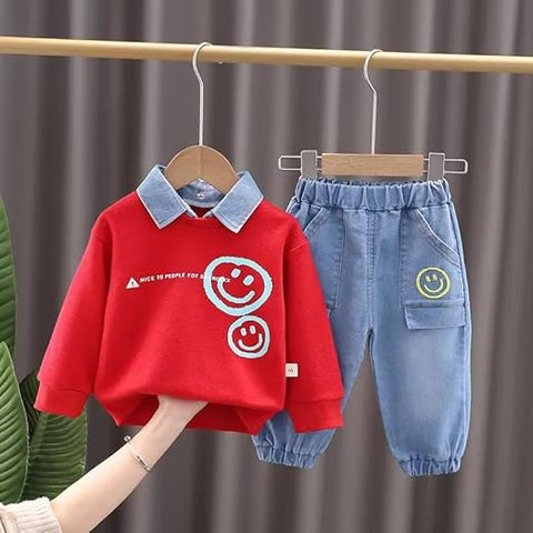Boys Happy Face Print Full Sleeve Collar T-Shirt and Jeans Set