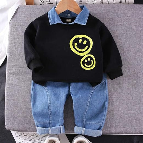 Boys Happy Face Print Full Sleeve Collar T-Shirt and Jeans Set
