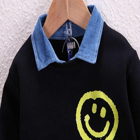 Boys Happy Face Print Full Sleeve Collar T-Shirt and Jeans Set