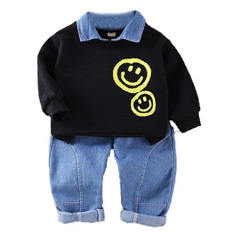 Boys Happy Face Print Full Sleeve Collar T-Shirt and Jeans Set