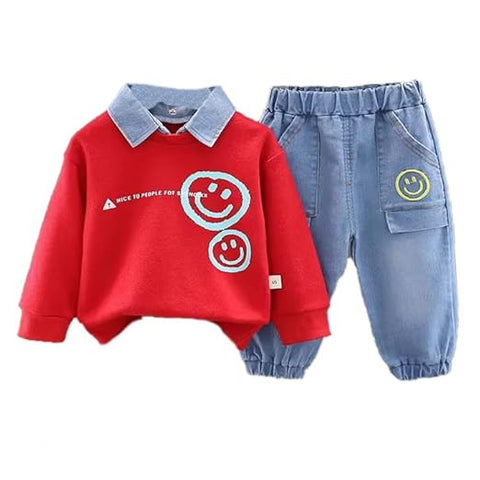 Boys Happy Face Print Full Sleeve Collar T-Shirt and Jeans Set