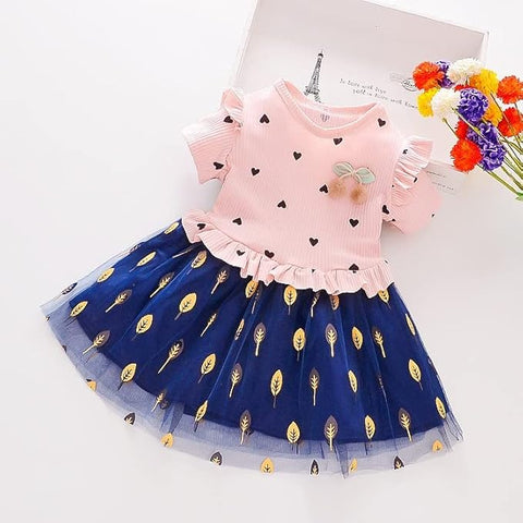 Girls Little Heart Gold Leaf Printed Tutu Tulle Princess Midi Dress