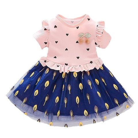 Girls Little Heart Gold Leaf Printed Tutu Tulle Princess Midi Dress