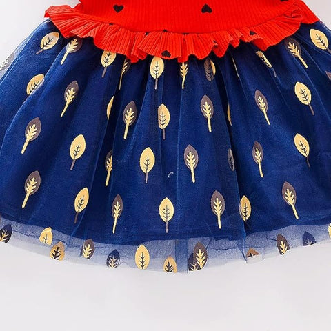 Girls Little Heart Gold Leaf Printed Tutu Tulle Princess Midi Dress