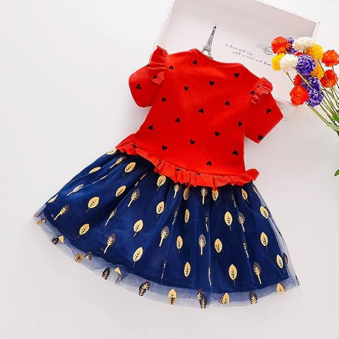 Girls Little Heart Gold Leaf Printed Tutu Tulle Princess Midi Dress