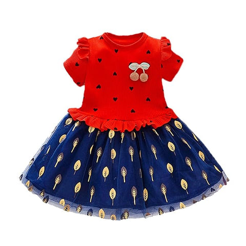 Girls Little Heart Gold Leaf Printed Tutu Tulle Princess Midi Dress