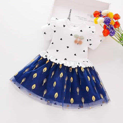 Girls Little Heart Gold Leaf Printed Tutu Tulle Princess Midi Dress