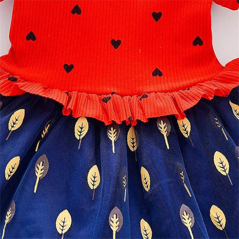 Girls Little Heart Gold Leaf Printed Tutu Tulle Princess Midi Dress