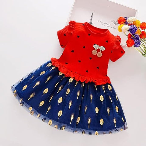 Girls Little Heart Gold Leaf Printed Tutu Tulle Princess Midi Dress