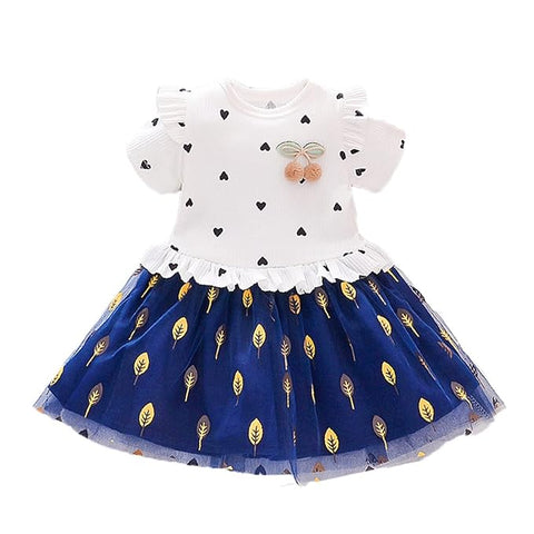 Girls Little Heart Gold Leaf Printed Tutu Tulle Princess Midi Dress