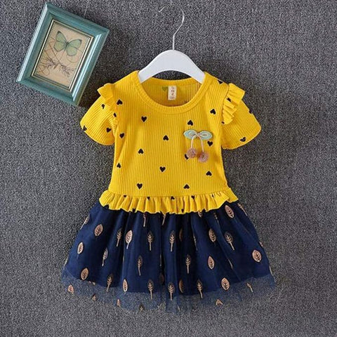 Girls Little Heart Gold Leaf Printed Tutu Tulle Princess Midi Dress