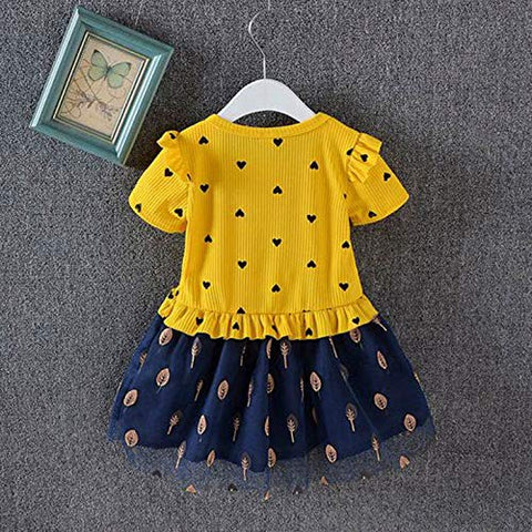 Girls Little Heart Gold Leaf Printed Tutu Tulle Princess Midi Dress