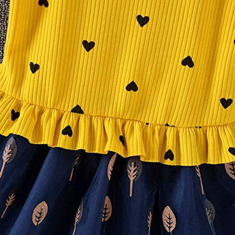 Girls Little Heart Gold Leaf Printed Tutu Tulle Princess Midi Dress