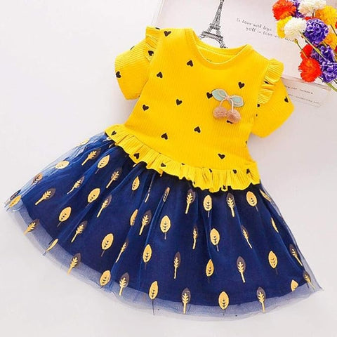 Girls Little Heart Gold Leaf Printed Tutu Tulle Princess Midi Dress