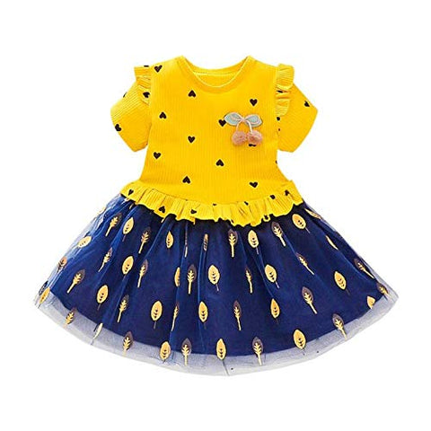 Girls Little Heart Gold Leaf Printed Tutu Tulle Princess Midi Dress