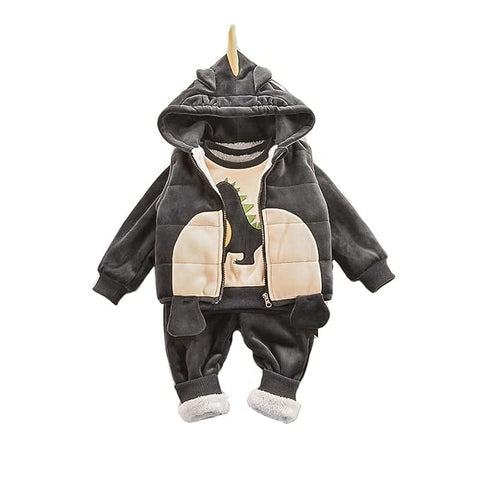 Cartoon Dinosaur Fur Fleece 3 Pc Warm Winter Sweatshirt Jacket & Jogger Pant Clothing Set for Girls & Boys Kids