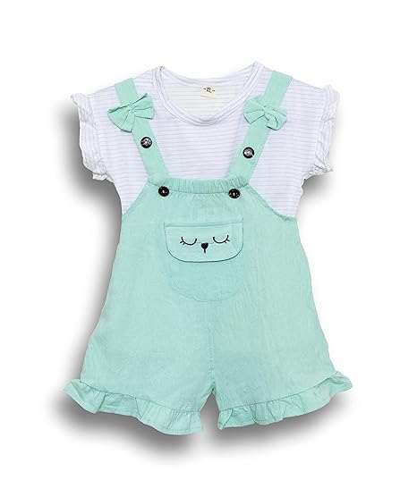 Baby Girl's Half Sleeve Stripe Top T-Shirt with Bib Shorts Dungaree