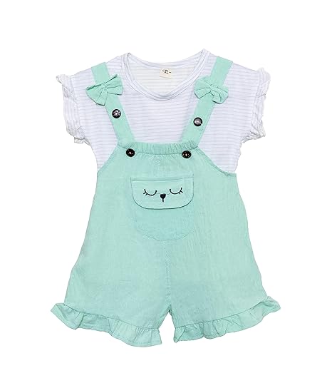 Baby Girl's Half Sleeve Stripe Top T-Shirt with Bib Shorts Dungaree