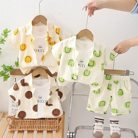 3Pcs Smile Print Shirt Shorts & T-shirt Set