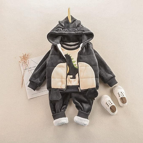 Cartoon Dinosaur Fur Fleece 3 Pc Warm Winter Sweatshirt Jacket & Jogger Pant Clothing Set for Girls & Boys Kids