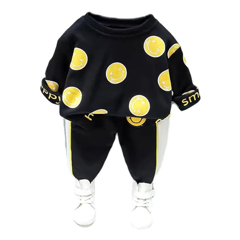 Kid's Full Sleeve Smile Happy Face Print Sweatshirt T-shirt Jogger Pant Sets