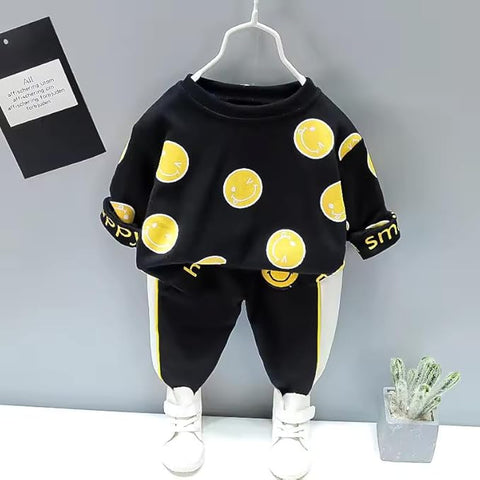 Kid's Full Sleeve Smile Happy Face Print Sweatshirt T-shirt Jogger Pant Sets