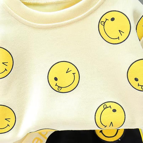 Kid's Full Sleeve Smile Happy Face Print Sweatshirt T-shirt Jogger Pant Sets