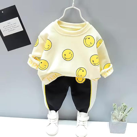 Kid's Full Sleeve Smile Happy Face Print Sweatshirt T-shirt Jogger Pant Sets