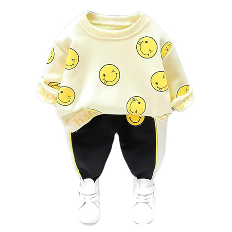 Kid's Full Sleeve Smile Happy Face Print Sweatshirt T-shirt Jogger Pant Sets