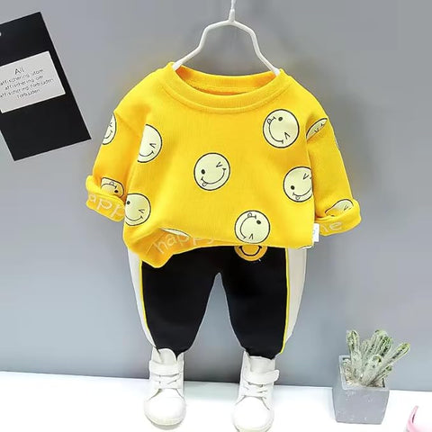 Kid's Full Sleeve Smile Happy Face Print Sweatshirt T-shirt Jogger Pant Sets
