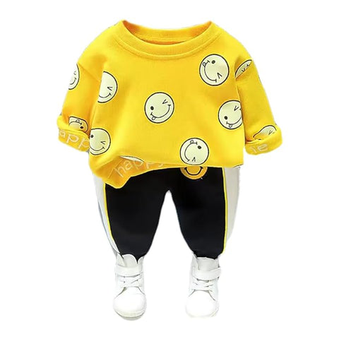 Kid's Full Sleeve Smile Happy Face Print Sweatshirt T-shirt Jogger Pant Sets