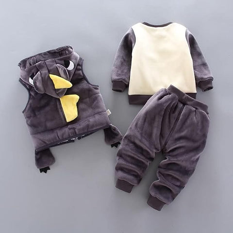 Cartoon Dinosaur Fur Fleece 3 Pc Warm Winter Sweatshirt Jacket & Jogger Pant Clothing Set for Girls & Boys Kids