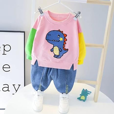 Kids Dino Printed Colour-block T-shirt & Denim Pant Set