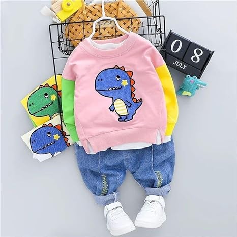 Kids Dino Printed Colour-block T-shirt & Denim Pant Set