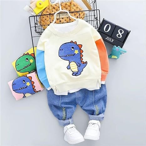 Kids Dino Printed Colour-block T-shirt & Denim Pant Set