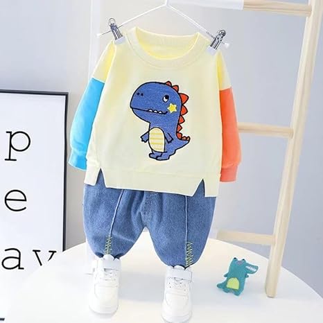 Kids Dino Printed Colour-block T-shirt & Denim Pant Set