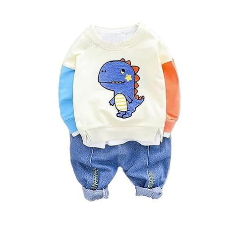 Kids Dino Printed Colour-block T-shirt & Denim Pant Set