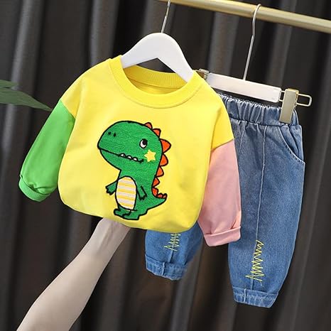 Kids Dino Printed Colour-block T-shirt & Denim Pant Set