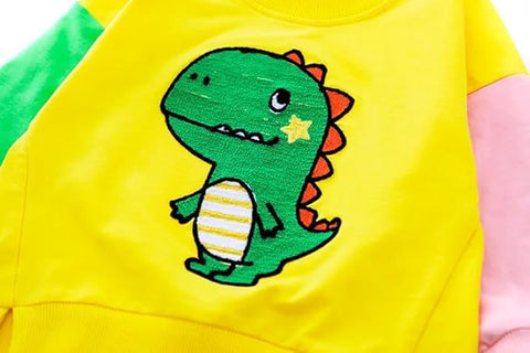 Kids Dino Printed Colour-block T-shirt & Denim Pant Set