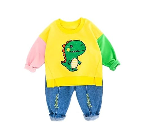 Kids Dino Printed Colour-block T-shirt & Denim Pant Set
